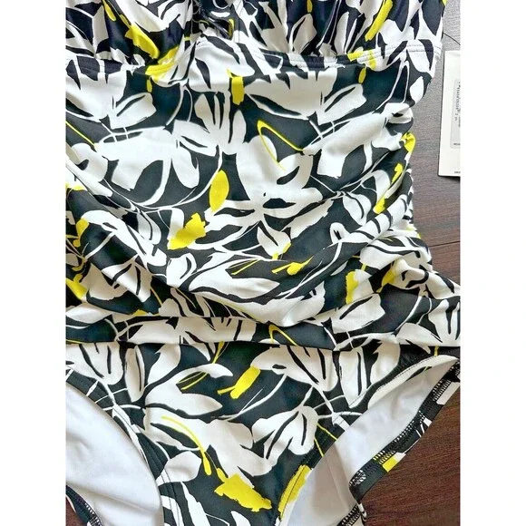 DKNY Women's Ruffle Neck One-Piece Swimsuit Fluorescent Yellow Black & White XL - Picture 3 of 10